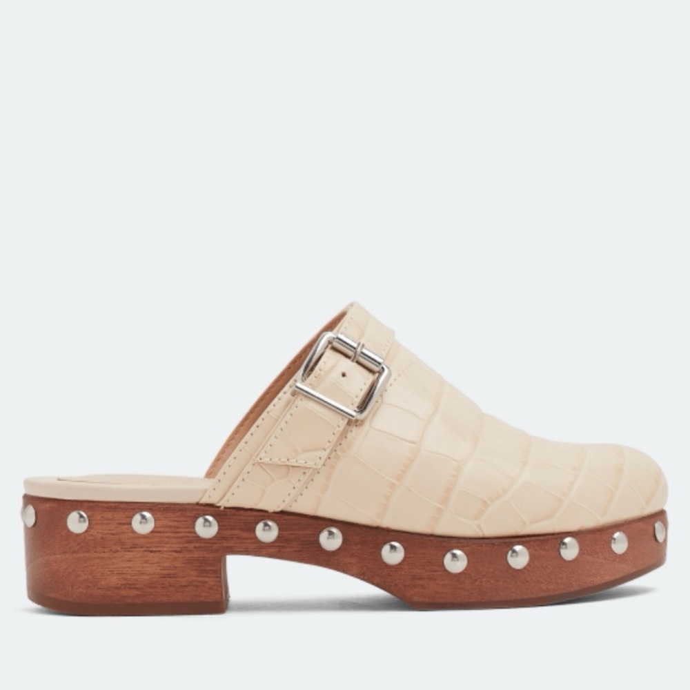 Schutz Smooshy Eggshell Croc Embossed Leather Clogs Women’s Size 8B Studded Boho